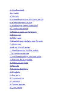 61. Small meatballs
Soup recipes
62. Pea soup
63. Fisolen cream soup with potatoes and dill
64. Coconut soup with prawns
65.