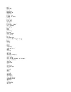 paki
panties
panty
pedobear
pedophile
pegging
phone sex
piece of shit
pikey
pissing
piss pig
pisspig
playboy
pleasure chest
p