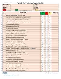 Weekly Fire Pump Inspection Checklist
Manufacturer
:
Facility:
Model:
Location:
Date:
Inspector:
Y
Satisfactory
NO
Unsatisfac