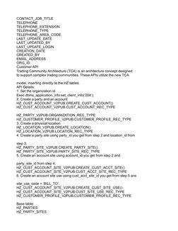 CONTACT_JOB_TITLE
TELEPHONE
TELEPHONE_EXTENSION
TELEPHONE_TYPE
TELEPHONE_AREA_CODE
LAST_UPDATE_DATE
LAST_UPDATED_BY
LAST_UPDA