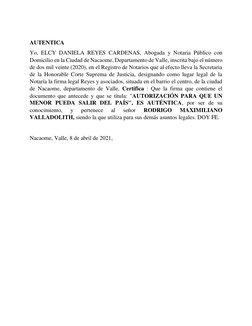 AUTENTICA 
Yo, ELCY DANIELA REYES CARDENAS, Abogada y Notaria Público con 
Domicilio en la Ciudad de Nacaome, Departamento