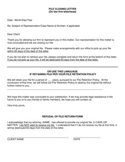 File closing letter showing matter reference, file return terms, and client acknowledgment section