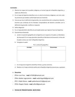 Actividades  
1- Observa los mapas de los pueblos indígenas y el actual mapa de la República Argentina, y 
explica las difere