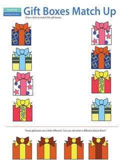 Preschool
Sorting Practice Gift Boxes Match Up
Draw a line to match the gift boxes.
These gift boxes are a little diferent.