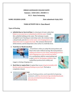 EMILIO AGUINALDO COLLEGE SASTE 
Summer / 2020-2021 / BS BIO 3-1 
P.E 3 – Basic Swimming 
NAME: SULEKHA GAURI