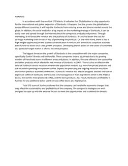 ANALYSIS:
In accordance with the result of EFE Matrix, it indicates that Globalization is a big opportunity 
for the internat