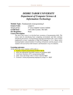 Course module 
 
Department of CS&IT 
      28/12/2017 
1 
 
 
DEBRE TABOR UNIVERSITY 
Department of Computer Science & 
Info