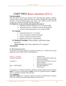 Course module 
 
Department of CS&IT 
      28/12/2017 
9 
 
 
 
UNIT TWO: Basic structures of C++ 
Unit description 
This un