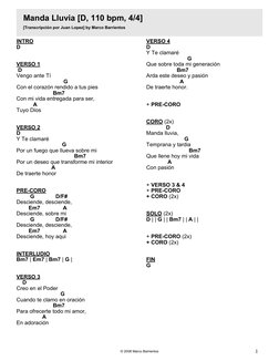 Manda Lluvia [D, 110 bpm, 4/4]
[Transcripción por Juan Lopez] by Marco Barrientos
INTRO
D
VERSO.1
.D
Vengo.ante.Tí
..........