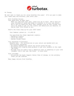 Hi Tracey,
We just want to thank you for using TurboTax this year!  It's our goal to make
your taxes easy and accurate, year