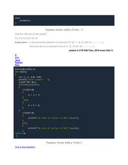 else
    prime(n);
}
Number Series with a Twist – 1
Find the 15th term of the series?
0,0,7,6,14,12,21,18, 28
Explanation : I