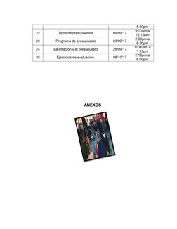 5:30pm
22
Tipos de presupuestos
09/09/17
9:00am a
12:15pm
23
Programa de presupuesto
23/09/17
2:00pm a
6:20pm
24
La inflación