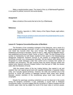 Make a reaction/position paper: The impact of the cry of Balintawak/Pugadlawin
in our quest for political, economic and socia