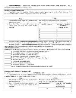A  random variable is a function that associates a real number to each element in the sample space. It is a
variable whose va