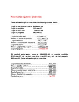 Resuelve los siguientes problemas:
Determina el capital contable con los siguientes datos:
Capital social autorizado $500,000