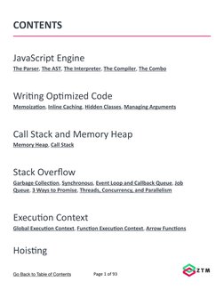 CONTENTS
JavaScript Engine
The Parser, The AST, The Interpreter, The Compiler, The Combo
Writing Optimized Code
Memoization,