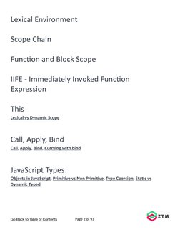 Lexical Environment
Scope Chain
Function and Block Scope
IIFE - Immediately Invoked Function
Expression
This
Lexical vs Dyna
