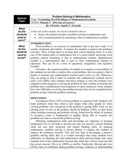 Special
Topic
Problem Solving in Mathematics
Topic: Translating Word Problems to Mathematical Symbols
NCBTS: Domain 3 – Diver