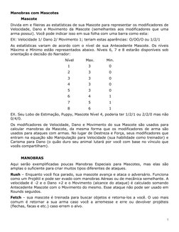 7 
Manobras com Mascotes 
 
Mascote 
Divida em e fileiras as estatísticas de sua Mascote para representar os modificadores