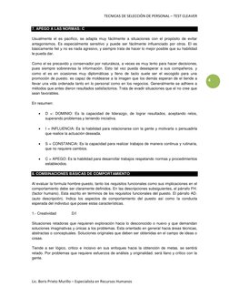 TECNICAS DE SELECCIÓN DE PERSONAL – TEST CLEAVER 
Lic. Boris Prieto Murillo – Especialista en Recursos Humanos 
4 
7. APEGO A