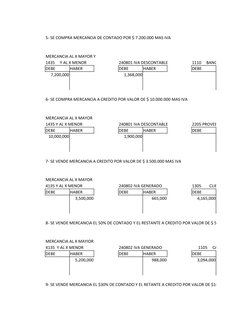 5- SE COMPRA MERCANCIA DE CONTADO POR $ 7.200.000 MAS IVA 
MERCANCIA AL X MAYOR Y 
1435     Y AL X MENOR
240801 IVA DESCONTAB