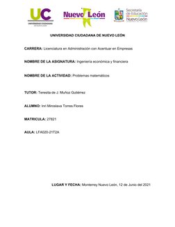 UNIVERSIDAD CIUDADANA DE NUEVO LEÓN
CARRERA: Licenciatura en Administración con Acentuar en Empresas
NOMBRE DE LA ASIGNATURA: