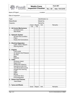 Weekly Crane
Inspection Checklist
Form 067
Rev.: AD
Date: 19 03 2018
Name of Project: ___________________________ Location: _