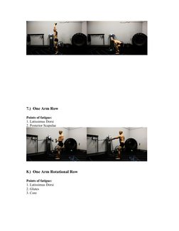 7.)  One Arm Row
Points of fatigue:
1. Latissimus Dorsi
2. Posterior Scapulae
8.)  One Arm Rotational Row
Points of fatigue:
