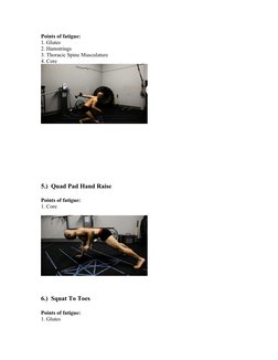 Points of fatigue:
1. Glutes
2. Hamstrings
3. Thoracic Spine Musculature
4. Core
5.)  Quad Pad Hand Raise
Points of fatigue: