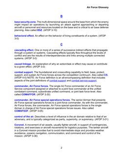 Air Force Glossary 
2 
 
B 
 
base security zone. The multi-dimensional space around the base from which the enemy 
might imp