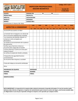 INSPECCION PREOPERACIONAL
MACHIN NEUMÁTICO
Código: SST-F-122-5
Versión 02
17/05/2021
EQUIPO:
SEMANA DEL  __________  AL _____