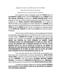 DILIGENCIA PARA LA ENTREGA DE UN CITATORIO.
Poder Judicial del Estado de Guanajuato.
Partido Judicial de la Ciudad de Irapuat