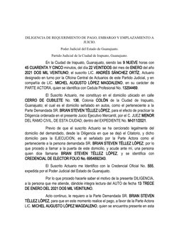 DILIGENCIA DE REQUERIMIENTO DE PAGO, EMBARGO Y EMPLAZAMIENTO A
JUICIO.
Poder Judicial del Estado de Guanajuato.
Partido Judic