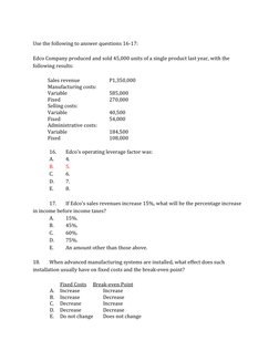 CVP Analysis Multiple Choice Questions | PDF | Market (Economics ...