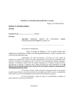 “AÑO DE LA UNIVERSALIZACIÓN DE LA SAUD”
                 Saylla, 27 de Abril del 2020
OFICIO  N° 144-2020-A-MDS/C.
SEÑOR:  
P