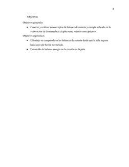 2
Objetivos 
Objetivos generales

Conocer y realizar los conceptos de balance de materia y energía aplicado en la 
elaboraci