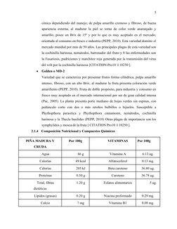 5
cónica dependiendo del manejo; de pulpa amarillo cremoso y fibroso, de buena
apariencia externa, al madurar la piel se torn