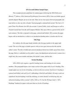2 
 
 
APA Seventh Edition Sample Paper 
This example presents guidelines for student papers following the 2020 Publicati