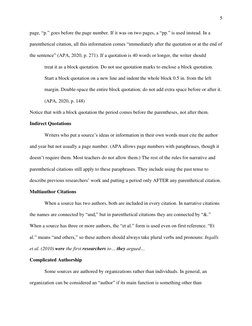 5 
 
 
page, “p.” goes before the page number. If it was on two pages, a “pp.” is used instead. In a 
parenthetical citat