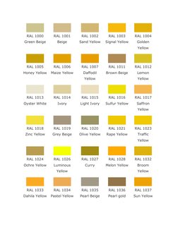 RAL 1000 
Green Beige 
 
RAL 1001 
Beige 
 
RAL 1002 
Sand Yellow 
 
RAL 1003 
Signal Yellow 
 
RAL 1004 
Golden 
Yellow