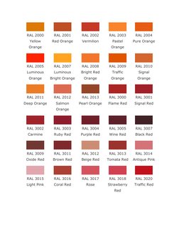 RAL 2000 
Yellow 
Orange 
 
RAL 2001 
Red Orange 
 
RAL 2002 
Vermilion 
 
RAL 2003 
Pastel 
Orange 
 
RAL 2004  
Pure Oran