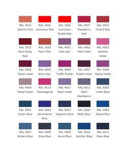 RAL 3022 
Salmon Pink 
 
RAL 3024 
Luminous Red 
 
RAL 3026 
Luminous 
Bright Red 
 
RAL 3027 
Raspberry 
Red 
 
RAL 3031