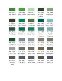 RAL 6017 
May Green 
 
RAL 6018 
Yellow Green 
 
RAL 6019 
Pastel Green 
 
RAL 6020  
Chrome 
Green 
 
RAL 6021 
Pale Green