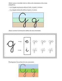 Ahora vamos a recordar cómo se ubica esta consonante en las zonas 
caligráficas.
.- La G ligada mayúscula utiliza el cielo, e