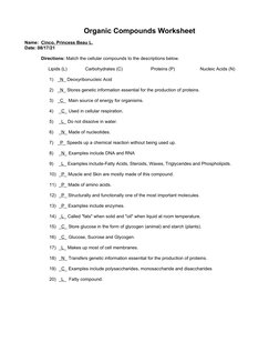 Organic Compounds Worksheet
Name:  Cinco, Princess Beau L.
Date: 08/17/21
Directions: Match the cellular compounds to the des