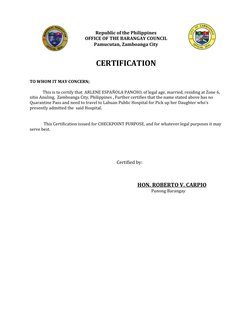 Republic of the Philippines
OFFICE OF THE BARANGAY COUNCIL
Pamucutan, Zamboanga City
CERTIFICATION
TO WHOM IT MAY CONCERN;