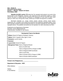 1 
 
Arts – Grade 10 
Alternative Delivery Mode 
Quarter 1 – Module 1: Modern Art Styles 
First Edition, 2020 
 
 
Republic A