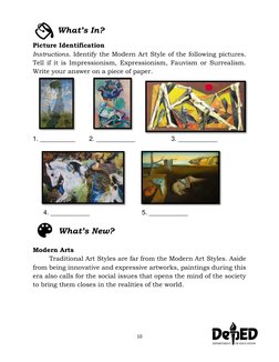 10 
 
 
Picture Identification 
Instructions. Identify the Modern Art Style of the following pictures. 
Tell if it is Impress
