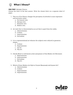 4 
 
PRE-TEST. Multiple Choices 
Choose the letter of the best answer. Write the chosen letter on a separate sheet of 
paper.