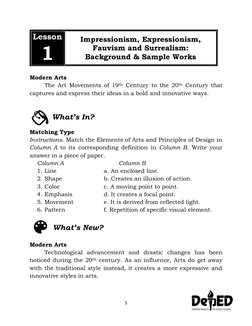 5 
 
Lesson 
1 
Impressionism, Expressionism, 
Fauvism and Surrealism:  
Background & Sample Works 
 
Modern Arts 
The Art Mo